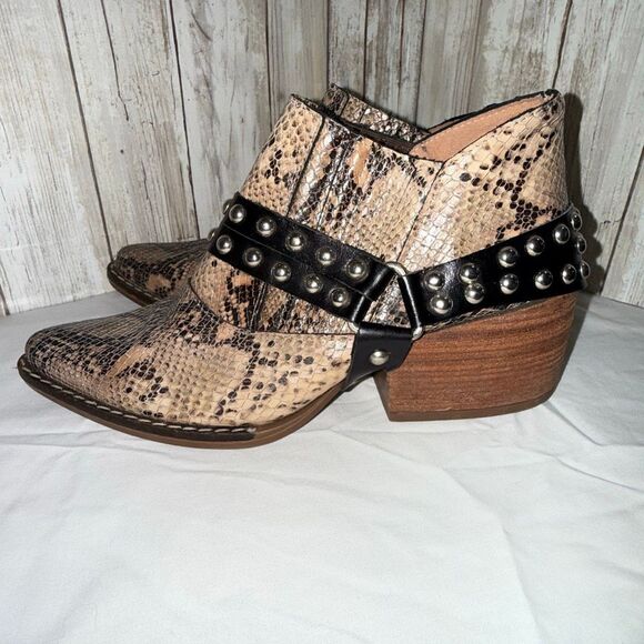 Green & Black Snakeskin Studded Harness Ankle Boots | Western Boho Rocker Bootie - Picture 1 of 13